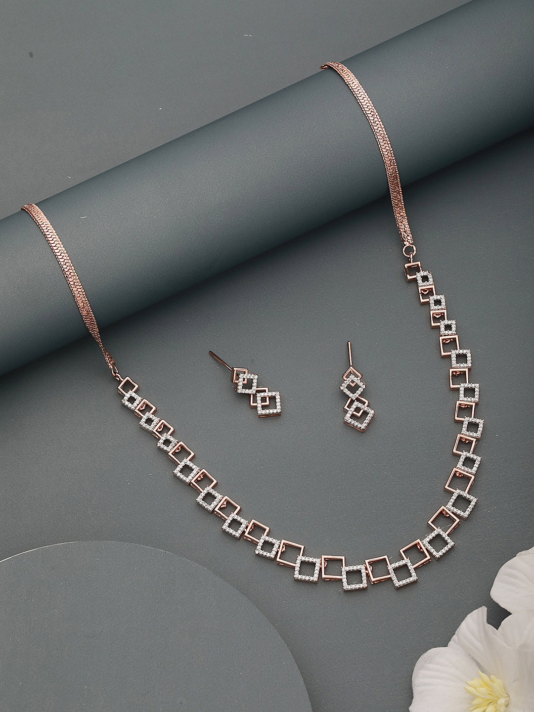 Rose Gold Plated AD Studded Minimal Geometric Necklace Jewellery  Set